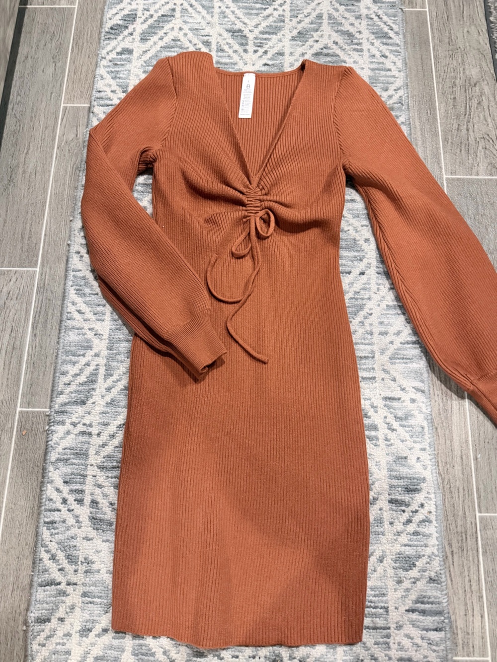 Ribbed Tie-Front Long Sleeve sweater Dress in Burnt Orange